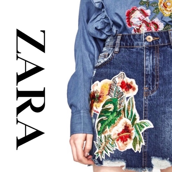 Zara Dresses & Skirts - Zara Floral Patch Distressed Denim Skirt